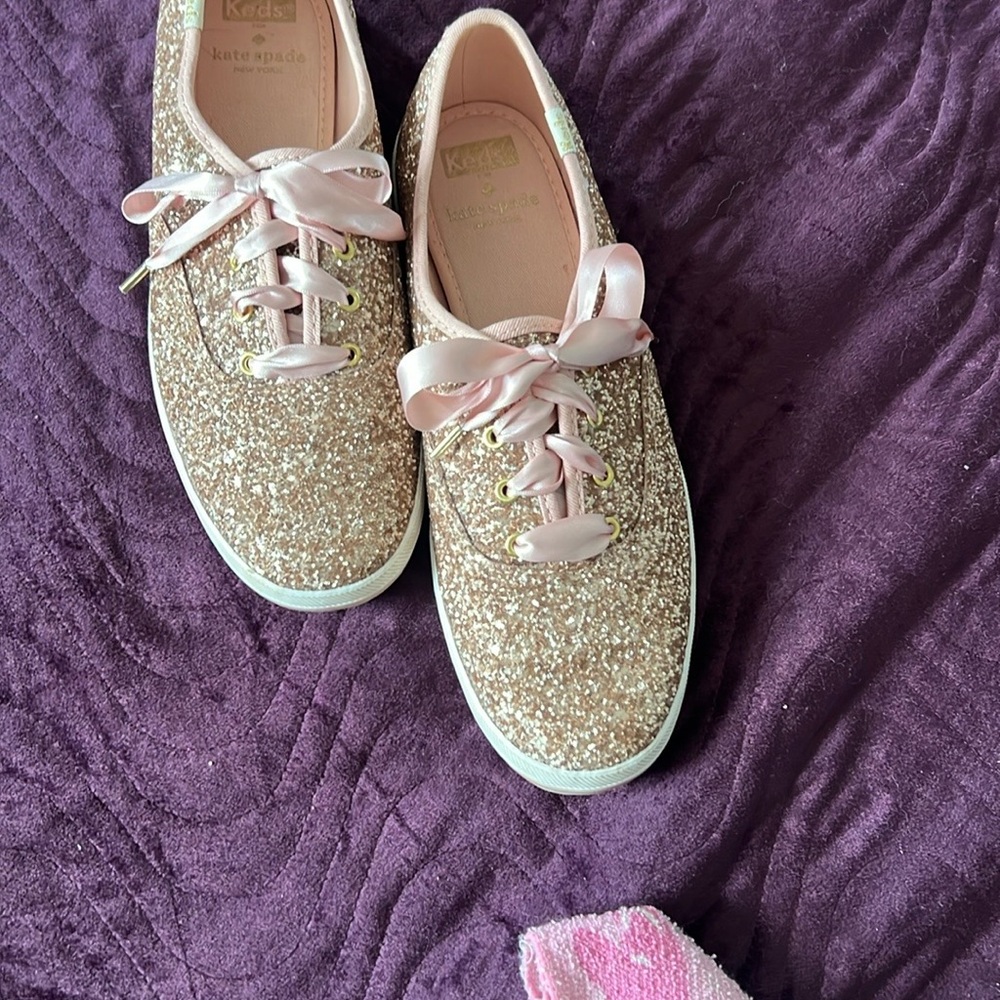Kate Spade ♠️ & Keds Glitter Sneakers with Pink Satin Shoe Laces